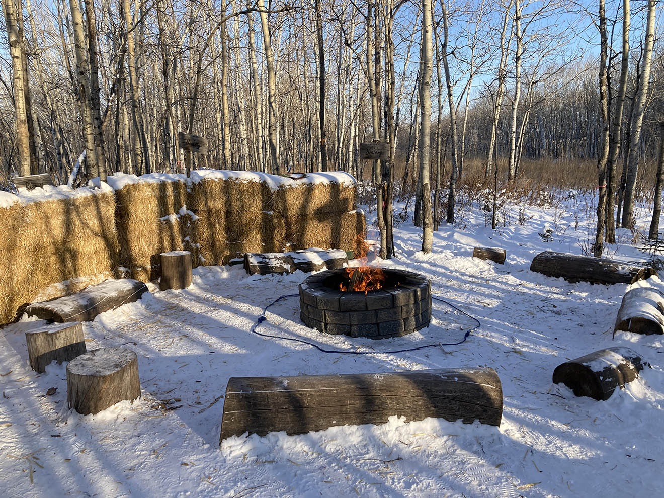 Fire pit, tree trunk seats around it and hay bales to one side.